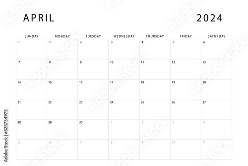 April 2024 calendar. Monthly planner template. Sunday start. Vector design
