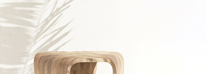Modern geometric design wooden pedestal side table podium in sunlight, palm tree leaf shadow on white cement wall. Luxury cosmetic, skincare, beauty, body care, fashion product display background 3D