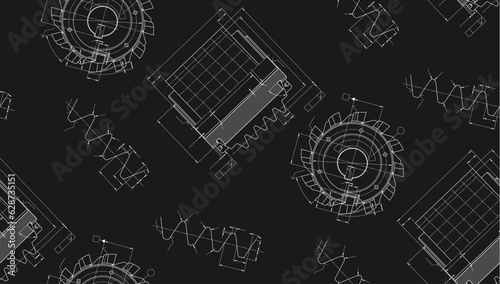 Mechanical engineering drawings on black background. Cutting tools, milling cutter. Technical Design. Cover. Blueprint. Seamless pattern. Vector illustration.