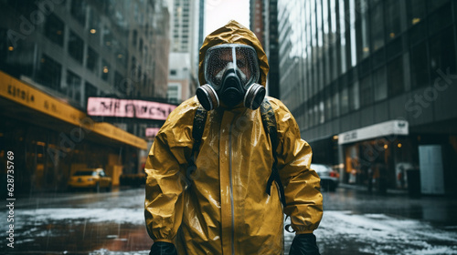 Bright Watchman: Hazmat-Suited Figure in the Urban Bustle, Generative AI