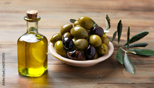 Olive oil bottle and olives on a wooden table