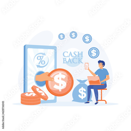 Cashback concept - man with smartphone. money goes in a money bag. flat vector modern illustration