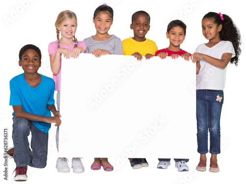 Digital png photo of six smiling diverse children holding white board on transparent background