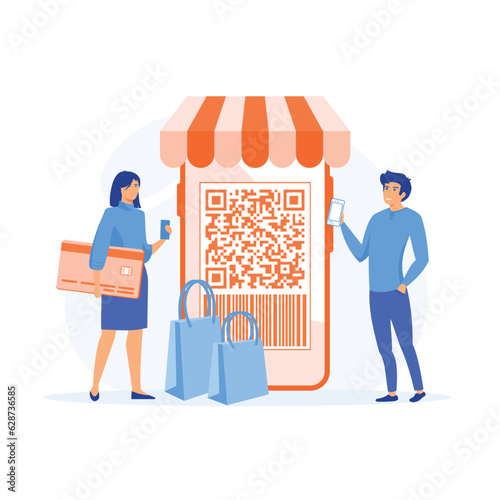 QR code scanning concept, people use smartphone and scan QR code for payment and everything, flat vector modern illustration