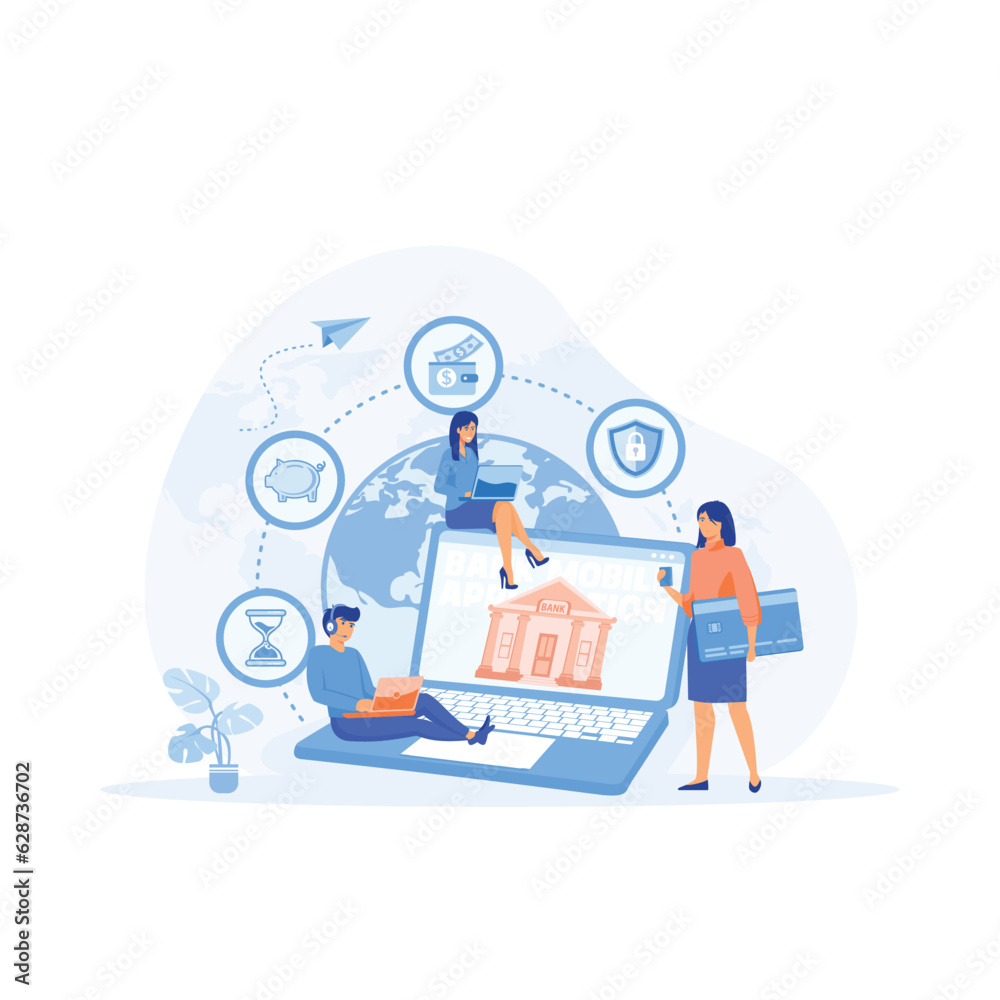 online Internet banking concept, bank employee help to carry out online payment and savings transactions. flat vector modern illustration online Internet banking concept, bank employee help to carry out online payment and savings transactions. flat vector modern illustration