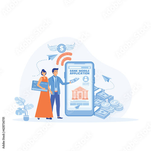 Bank Mobile Application for Family Budget. Young Married Couple Using Internet Banking and Accounting for Credit Card Managing, Making Deposits Online.  flat vector modern illustration