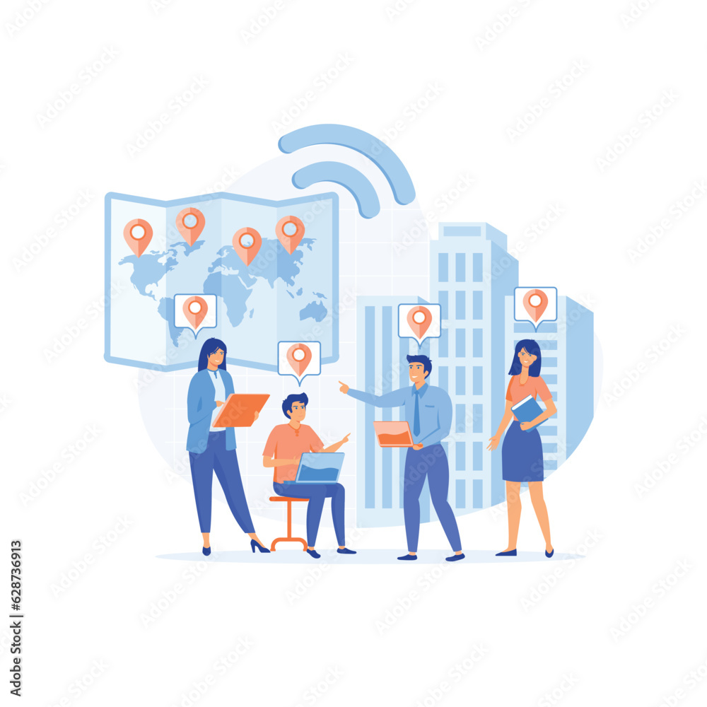 Outsourcing company concept. Remote workers work together on project scene. flat vector modern illustration Outsourcing company concept. Remote workers work together on project scene. flat vector modern illustration