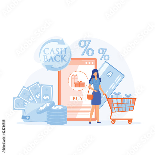 Discount earn point and gift. Phone screen with cashback and bonus card. flat vector modern illustration