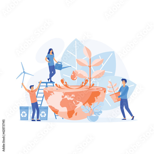 Happy Earth Day . People take care about planet ecology. Cleaning, green planting and watering. flat vector modern illustration 
