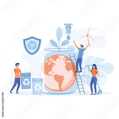 Ecology concept. People are preparing for the holiday, saving the planet, World Environment Day,  flat vector modern illustration 