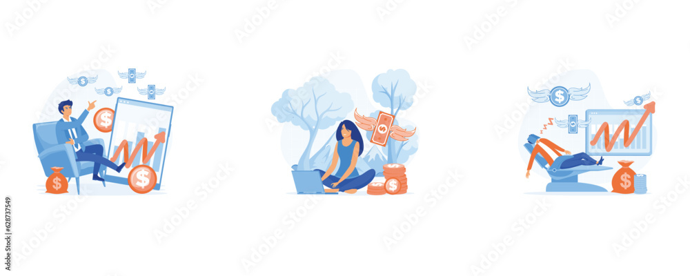 Passive income  concept, work from home, steady income and finance, set flat vector modern illustration