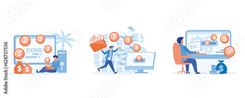 Earn money online concept, earn in internet, getting profit or high income, set flat vector modern illustration