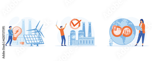 Circular economy concept, Green energy, eco-industrial development and manufacturing, set flat vector modern illustration