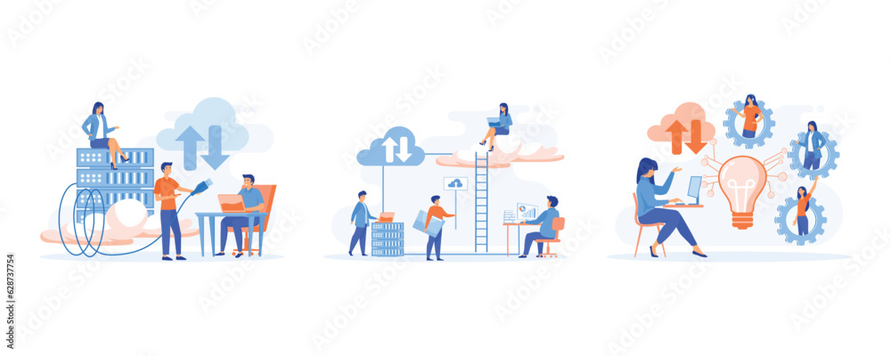 Cloud Computing, Users work with a cloud service platform.  remote business management, wireless computing service .  set flat vector modern illustration