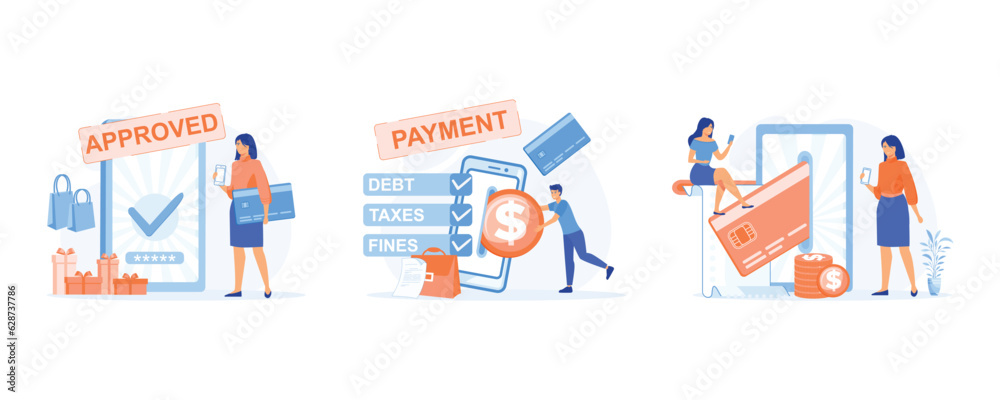 Online mobile payment and banking service, payment approved, paying taxes and debts on the cellphone apps, Mobile payment, online banking. set flat vector modern illustration Online mobile payment and banking service, payment approved, paying taxes and debts on the cellphone apps, Mobile payment, online banking. set flat vector modern illustration