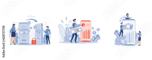 Banking service, successful contact less payment transaction. analyzes bank data.  Pos -terminal and payment systems, set flat vector modern illustration