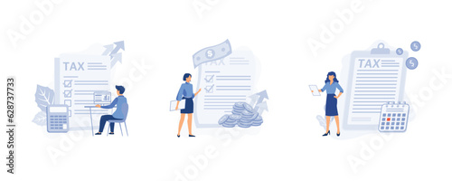 Tax preparation  concept. Corporate tax, taxable income, fiscal year, document preparation, payment planning,  set flat vector modern illustration