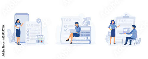 Taxation planning concept. Characters using tax calendar to filling tax declaration form online and with financial adviser. set flat vector modern illustration   © Alwie99d