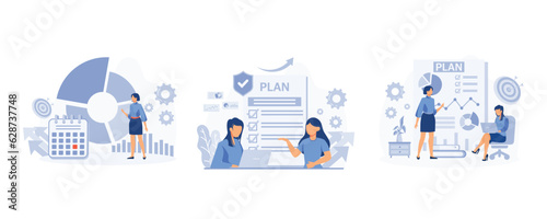 business planning, target, business work flow, time management, planning, task app, teamwork, meeting. set flat vector modern illustration   