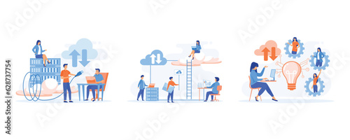 Cloud Computing  Users work with a cloud service platform.  remote business management  wireless computing service .  set flat vector modern illustration