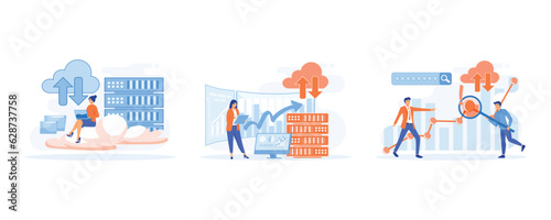Big Data and Cloud Computing. Business characters using remote servers to analyzing large sets of data and recognizing mistakes. Actionable data  set flat vector modern illustration 