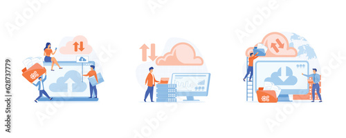 Business technology concept,  file upload backup on cloud server storage, cloud computing service , online database, set flat vector modern illustration