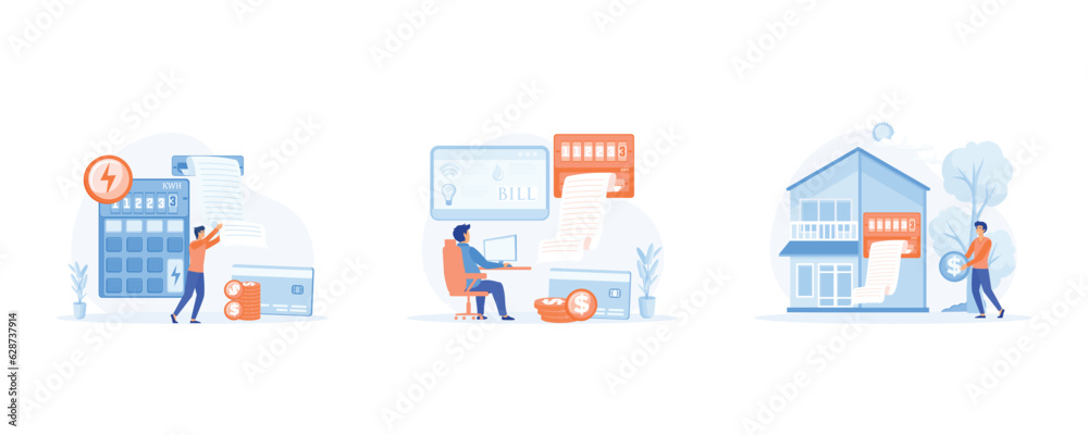 Sustainability, Home energy efficiency audit concept. Person checks heating meter and calculates household utility bill. set flat vector modern illustration Sustainability, Home energy efficiency audit concept. Person checks heating meter and calculates household utility bill. set flat vector modern illustration