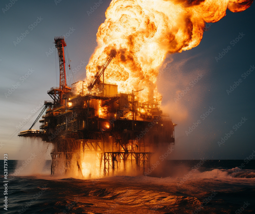 Burning Havoc: Offshore Oil Rig in the Midst of a Blaze, Generative AI