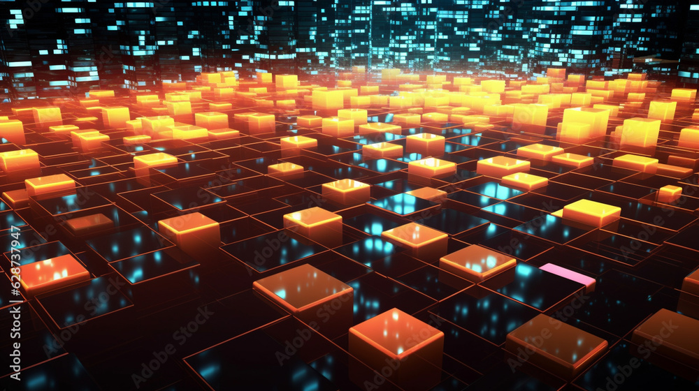 Obraz premium 3d render. Abstract technological black cubes background with glow elements. Cubes pattern. generative ai.