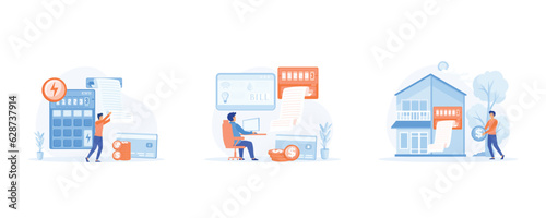 Sustainability, Home energy efficiency audit concept. Person checks heating meter and calculates household utility bill. set flat vector modern illustration 