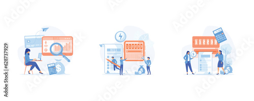checking and paying utility bills online. Technician repair, meter installation.  invoice and electricity meter. set flat vector modern illustration  