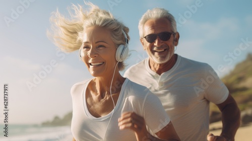 Happy elderly couple running peacefully on the beach in sportswear listening to music