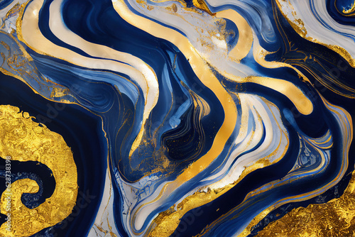 Blue and golden acrylic liquid ink swirl abstract background with ravishing turbulence wavy pattern and detailed texture. Luxury fluid liquid art by Generative AI.