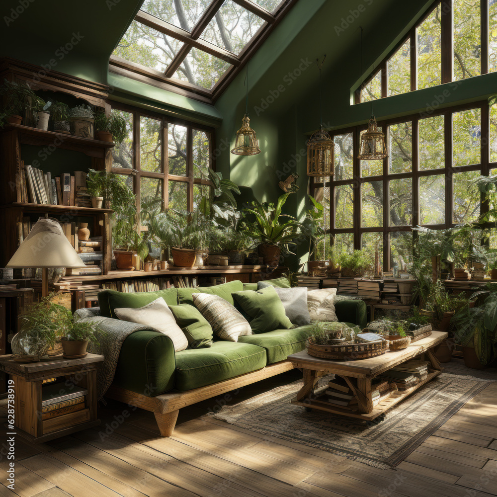 rustic style living room  green palette