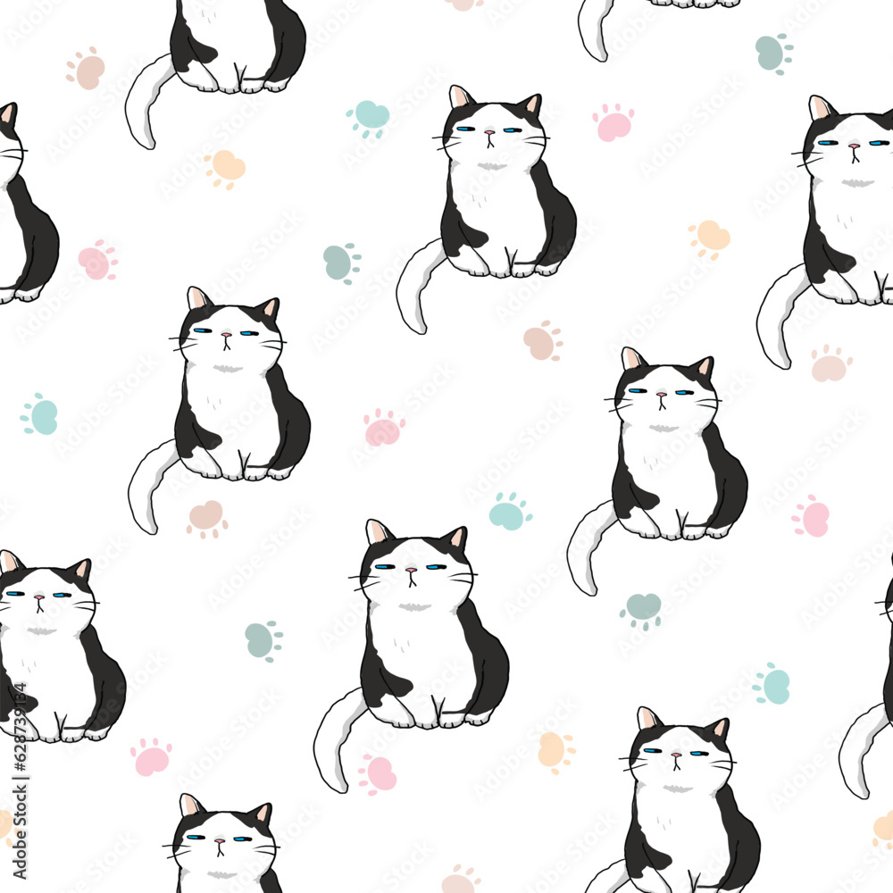 Seamless Pattern with Cartoon Cat and Paw Design on White Background