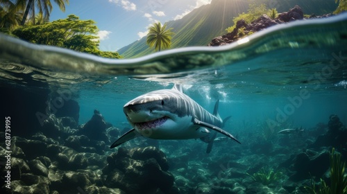white shark swims underwater
