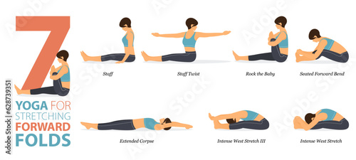 7 Yoga poses or asana posture for workout in forward fold concept. Women exercising for body stretching. Fitness infographic. Flat cartoon vector.