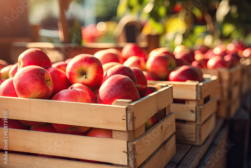 Close-up of wooden crates full of ripe apples photo