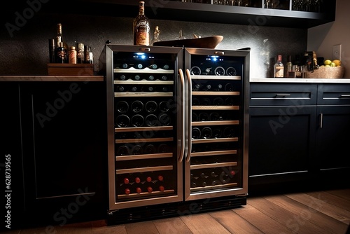 Wine fridge in kitchen, special refrigerator, temperature-controlled appliance meant to store wine bottles and chill wine at home. Cooling and preserving wine at home concept. Generative AI Technology