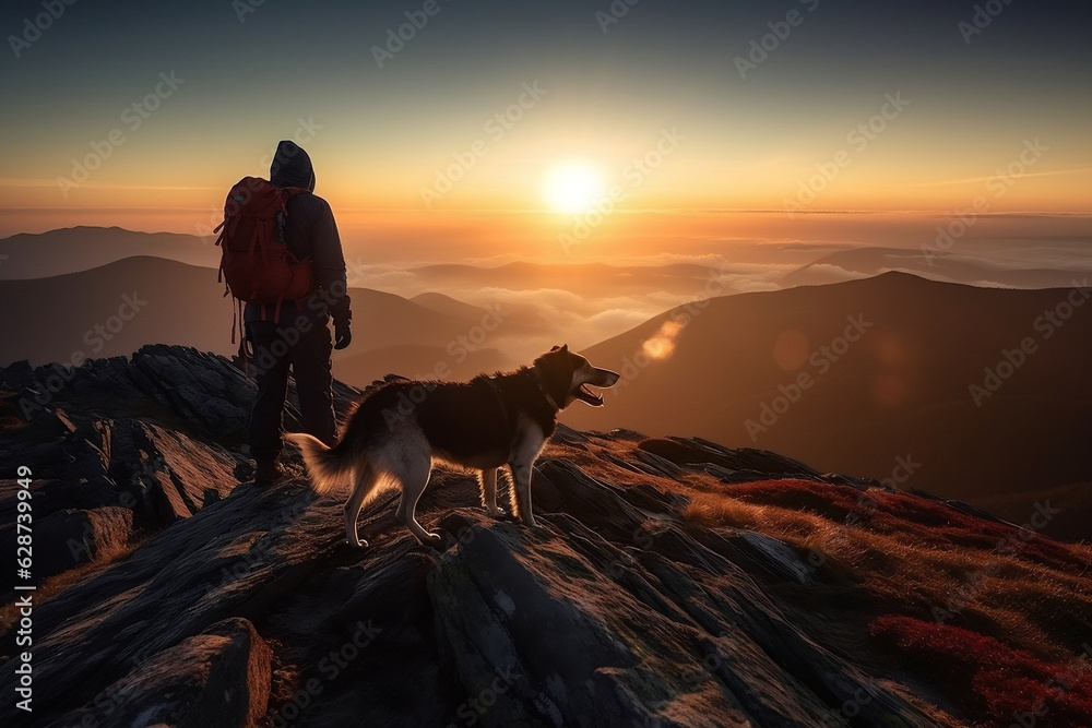 Man and a dog standing with trekking poles on cliff edge, looking at stunning beautiful sunset or sunrise view. Successful summit, active hiking sport in nature concept image. Generative AI Technology