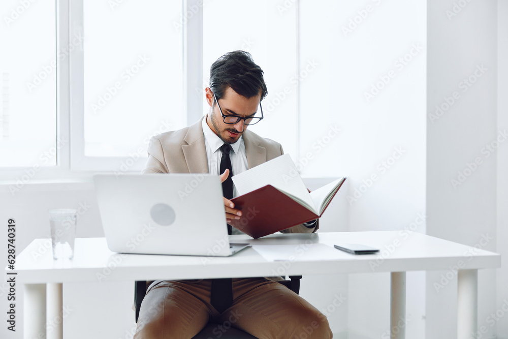 Suit happy winner paper attractive planning office document looking businessman laptop company holding Suit happy winner paper attractive planning office document looking businessman laptop company holding
