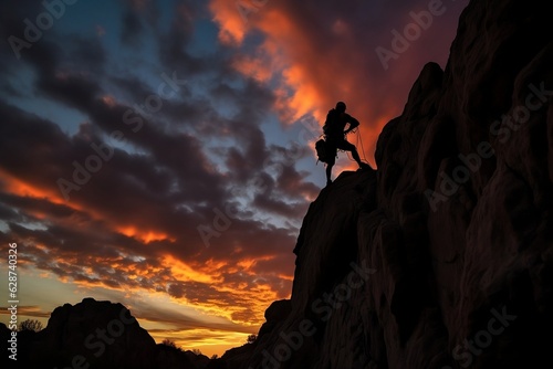 Active life, reach the top concept. Silhouette of a man climbing triumphantly the mountain summit, embodying the exhilarating feeling of success and accomplishment. Generative AI
