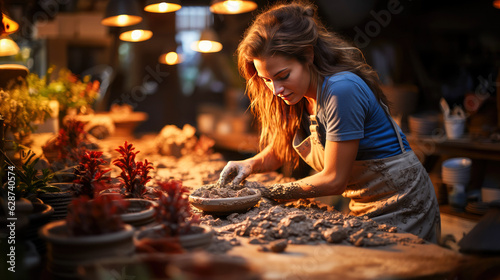 An artisan at work, her hands covered in clay as she shapes a pot on a wheel