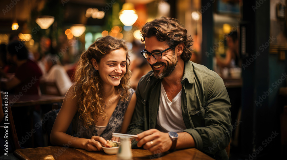 A couple having a conversation amidst the lively atmosphere of a bustling cafe A couple having a conversation amidst the lively atmosphere of a bustling cafe