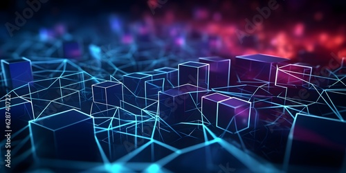 Modern digital abstract 3D background. Can be used in the description of network abilities, technological processes, digital storage, science, education, etc. Copy space. Based on Generative AI