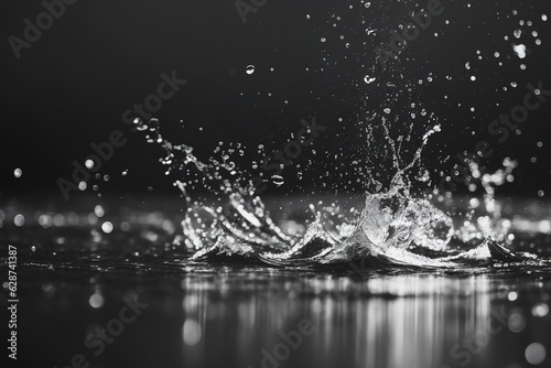 Drops of pure water, rain isolated on dark gray background. Blur. Monochrome illustration of water splashes