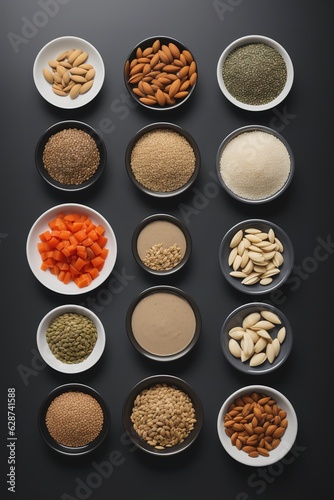 Food sources of omega 3 on dark background with copy space top view. Foods high in fatty acids including vegetables, seafood, nut and seeds. Health food fitness
