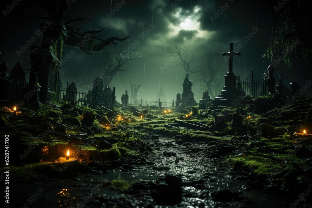 spooky shot of a haunted graveyard with tombstones covered in cobwebs and eerie green lights