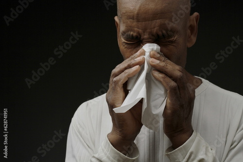 catching the flu man blowing his nose after catching a cold on grey background with people stock photo