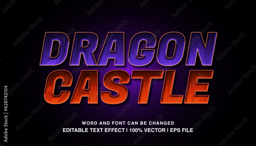 Dragon castle editable text effect template, 3d bold glossy futuristic movie style typeface, premium vector